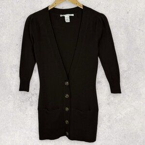 DVF 100% Cashmere Chocolate Brown Cardigan Knit Sweater V-Neck Size XS or P Rib‎